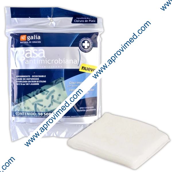 GASA ANTIMICROBIANA (Galia) Estéril 10x10cm. Bolsa c/10 Sobs.