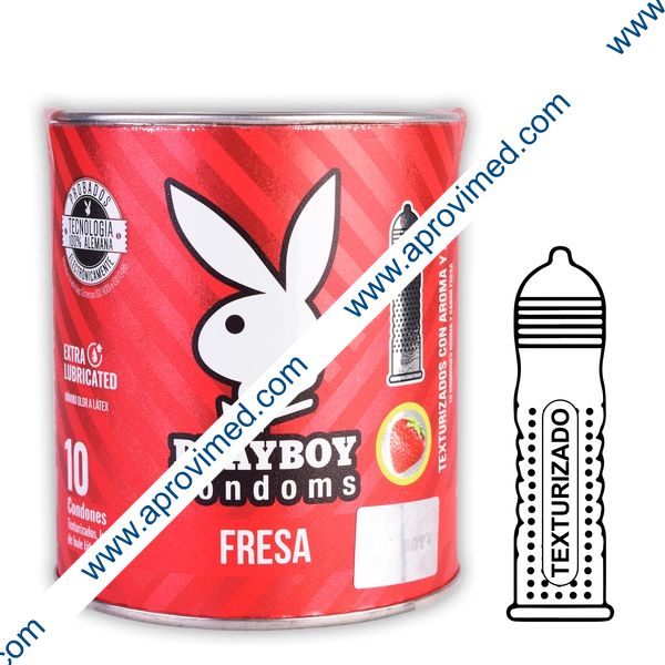 PLAYBOY TEXTURIZADO Aroma y Sabor FRESA Lata c/10 CONDONES.