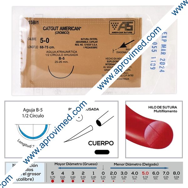 CATGUT CRÓMICO (American) Cal. 5-0/L: 68-75cm/Aguja B-5 Sob. c/1 Pza.