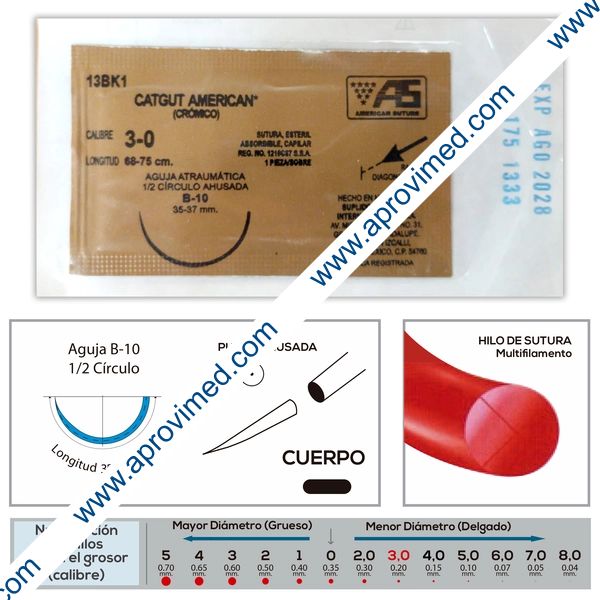 CATGUT CRÓMICO (American) Cal. 3-0/L: 68-75cm/Aguja B-10 Sob. c/1 Pza.