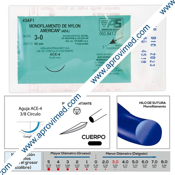 NYLON AZUL (American) Cal. 3-0/L: 45cm/Aguja ACE-4 Sob. c/1 Pza.