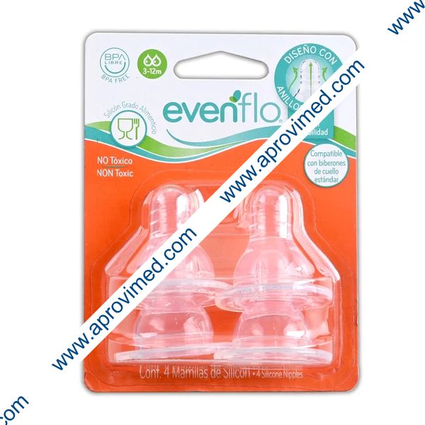 MAMILA DE SILICÓN "Evenflo" (3-12m) Flujo Medio Blister c/4 Pzs.