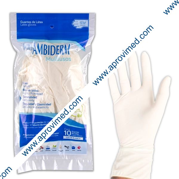 AMBIDERM MULTIUSOS GUANTE LÁTEX Blanco No Estéril U.T. Bolsa c/10 Pzs.