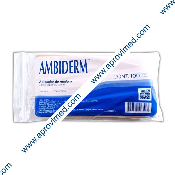 APLICADOR de MADERA c/PUNTA DE ALGODÓN (Ambiderm) 15cm. Bolsa c/100 Pzs.
