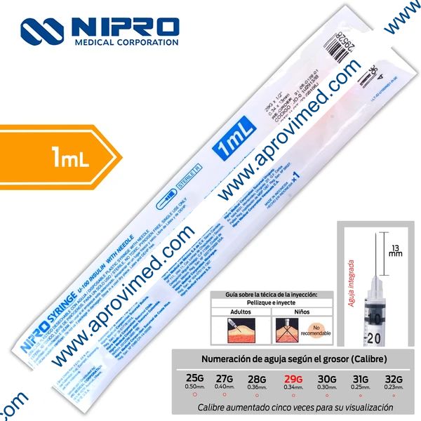 JERINGA 1mL. (Nipro) Insulina c/AGUJA INTEGRADA 29Gx13mm. c/1 Pza.