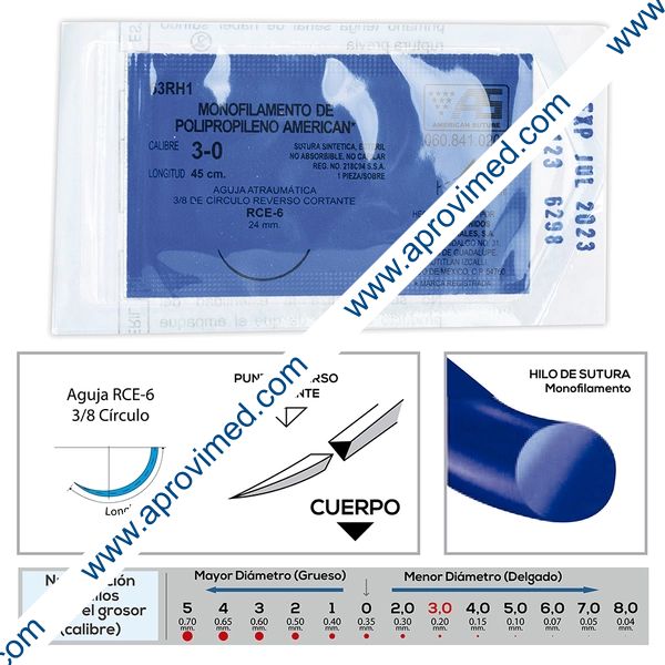 POLIPROPILENO (American) Cal. 3-0/L: 45cm/Aguja RCE-6 Sob. c/1 Pza.