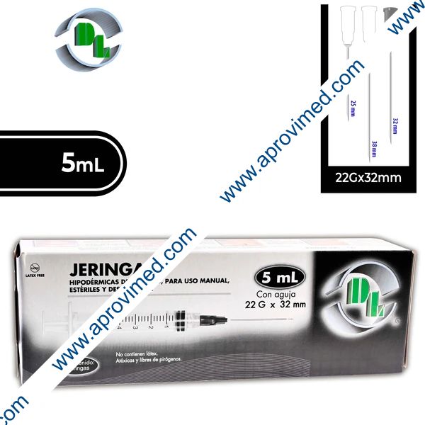 JERINGA 5 mL. (DL) c/AGUJA 22Gx32mm. c/5 Pzs.