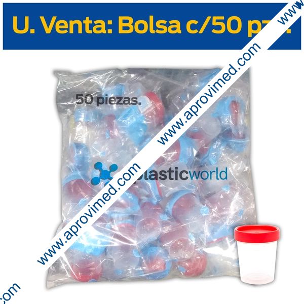 VASO RECOLECTOR p/MUESTRAS (Plastic World) Estéril 100 ML. Bolsa c/50 Pzs.