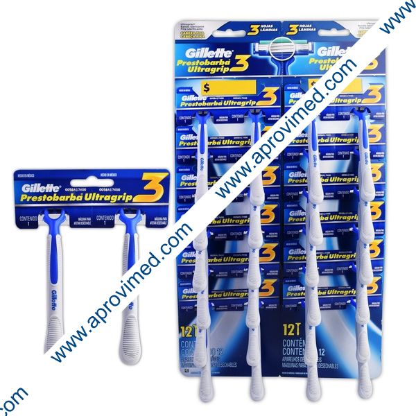 GILLETTE PRESTOBARBA-3 ULTRAGRIP Desechable Exhib. c/12x2 Pzs.