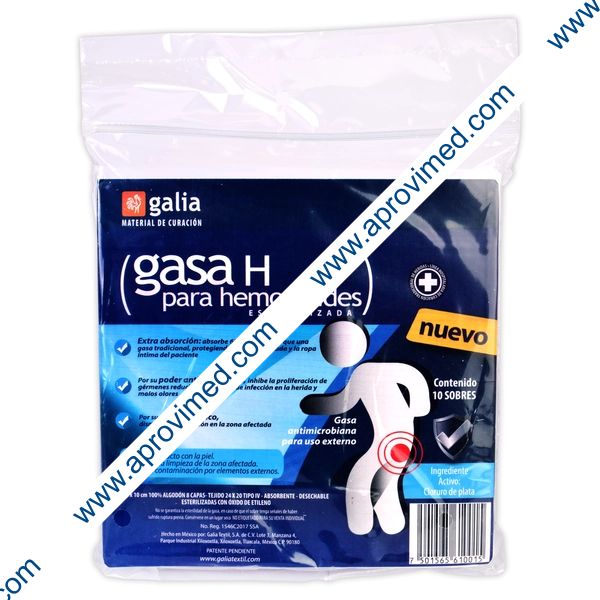 GASA "H" PARA HEMORROIDES (Galia) Estéril 10x10cm. Bolsa c/10 Sobs.