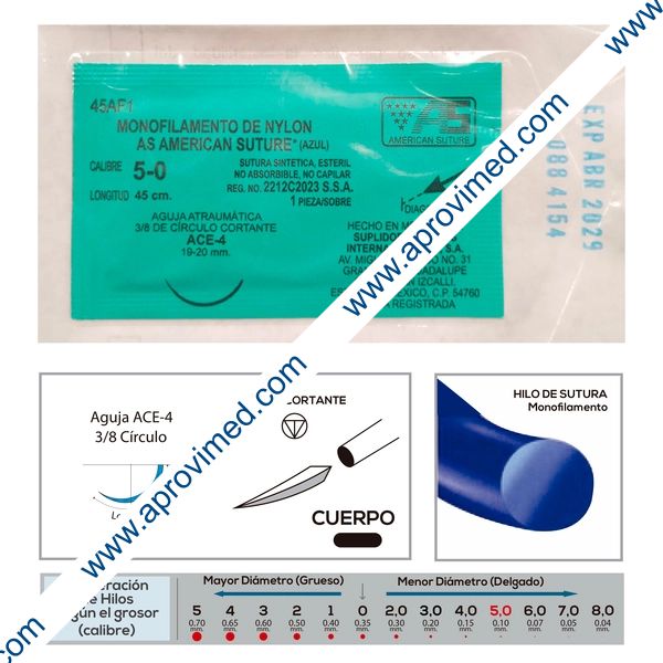 NYLON AZUL (American) Cal. 5-0/L: 45cm/Aguja ACE-4 Sob. c/1 Pza.