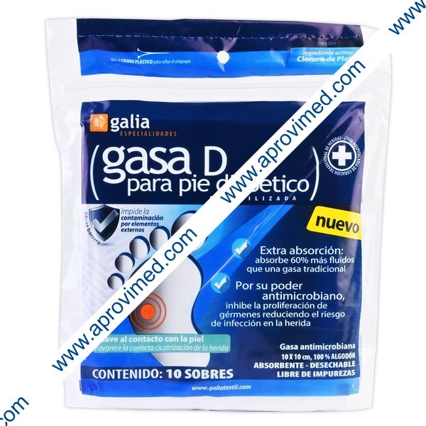 GASA "D" PARA PIE DIABÉTICO (Galia) Estéril 10x10cm. Bolsa c/10 Sobs.