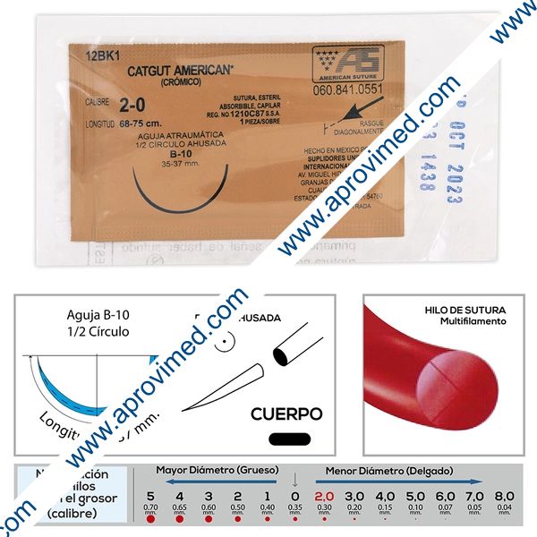 CATGUT CRÓMICO (American) Cal. 2-0/L: 68-75cm/Aguja B-10 Sob. c/1 Pza.