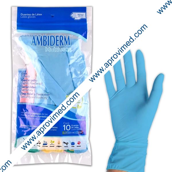 AMBIDERM MULTIUSOS GUANTE LÁTEX Multicolor No Estéril U.T. Bolsa c/10 Pzs.