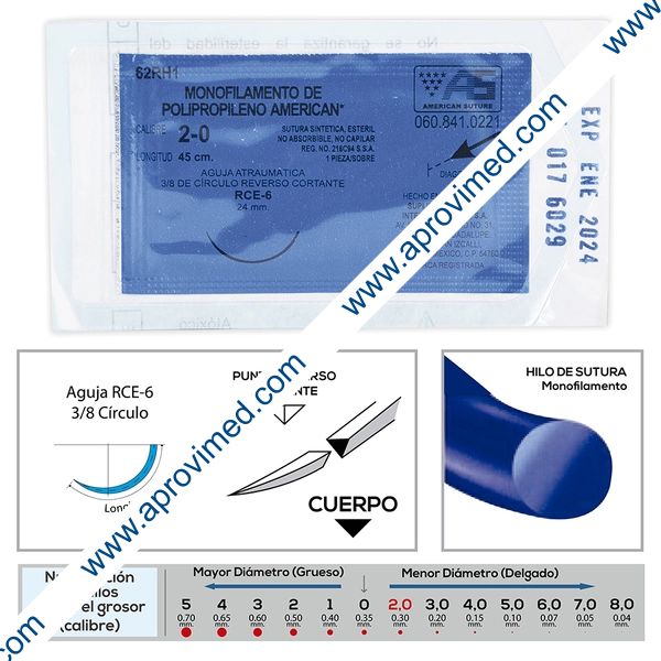 POLIPROPILENO (American) Cal. 2-0/L: 45cm/Aguja RCE-6 Sob. c/1 Pza.