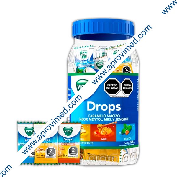 VICK DROPS Sabs. Mentol, Miel y Jengibre Vitrolero c/125 PASTILLAS 1.8 G.
