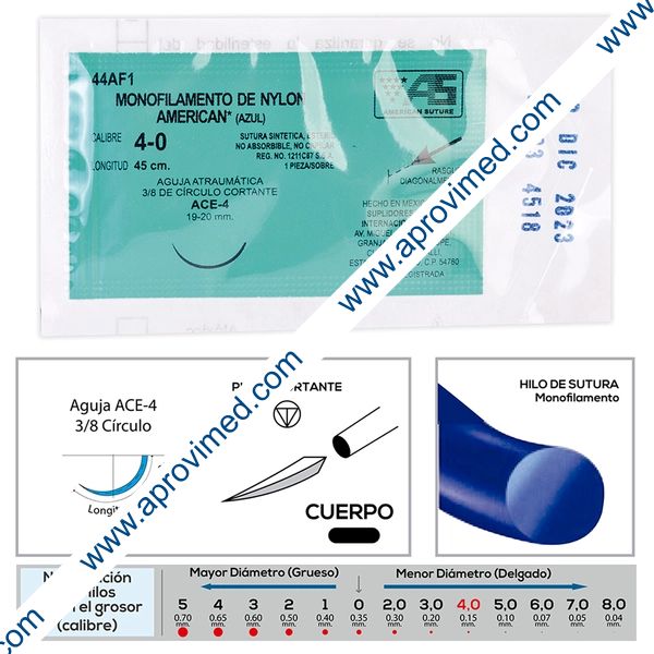 NYLON AZUL (American) Cal. 4-0/L: 45cm/Aguja ACE-4 Sob. c/1 Pza.