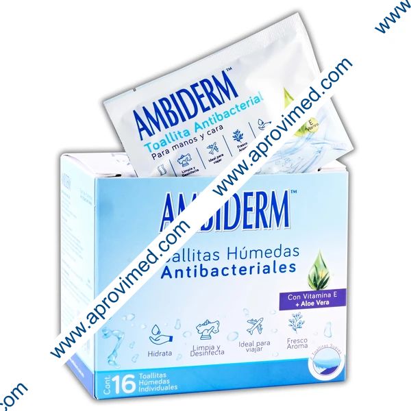 TOALLITAS HÚMEDAS ANTIBACTERIALES (Ambiderm) Caja c/16 Pzs.