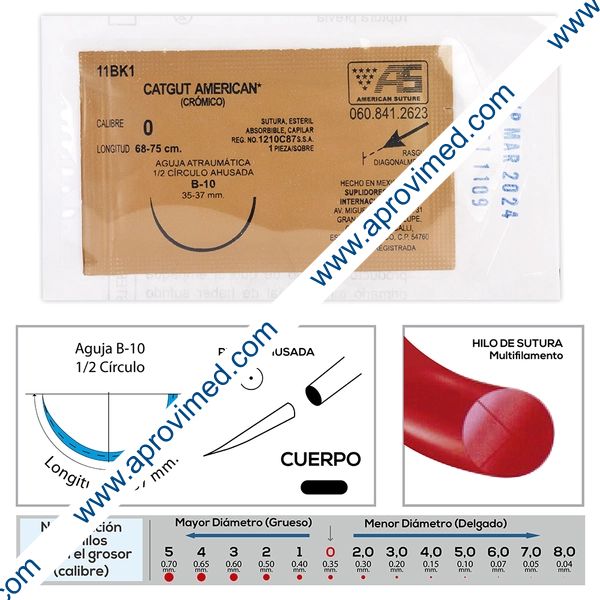 CATGUT CRÓMICO (American) Cal. 0/L: 68-75cm/Aguja B-10 Sob. c/1 Pza.