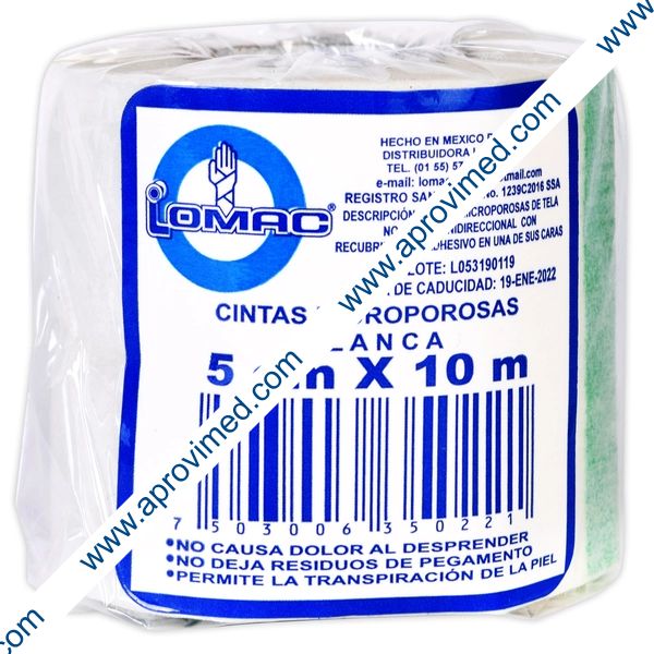 CINTA MICROPOROSA (Lomac) Rollo Col. Blanco A: 5cm; L: 10m. Paq. c/1 Pza.