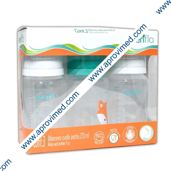BIBERÓN CUELLO ANCHO c/MAMILA (Evenflo) 9 OZ./270 ML. (3 Pack).