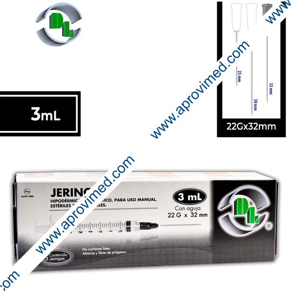 JERINGA 3 mL. (DL) c/AGUJA 22Gx32mm. c/5 Pzs.