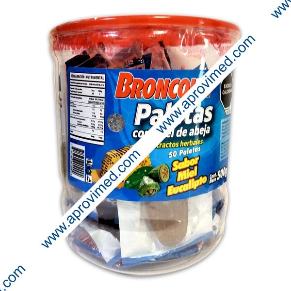 BRONCOLIN PALETAS Sabor Miel Eucalipto Vitrolero c/50 Pzs. 10 G.