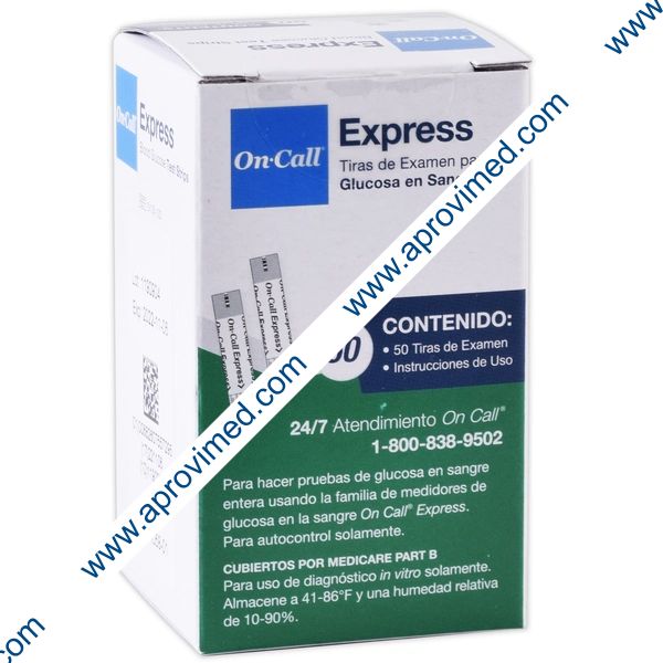 TIRAS DE EXAMEN PARA GLUCOSA On-Call Express Cja. c/50 Pzs.