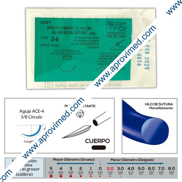 NYLON AZUL (American) Cal. 2-0/L: 45cm/Aguja ACE-4 Sob. c/1 Pza.