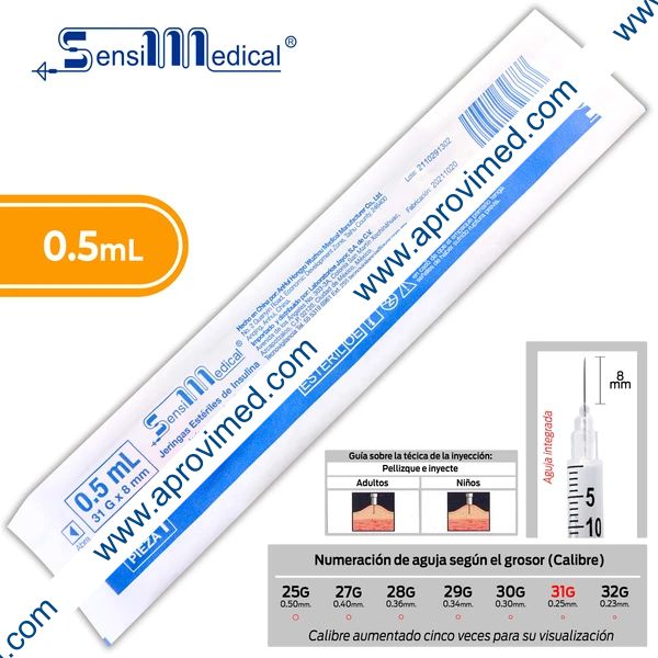 JERINGA  0.5mL. (SensiMedical) Insulina c/AGUJA INTEGRADA 31Gx8mm. c/1 Pza.