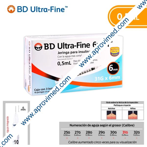 JERINGA  0.5mL. (BD U-Fine) Insulina c/AGUJA INTEGRADA 31Gx6mm. c/30 Pzs.
