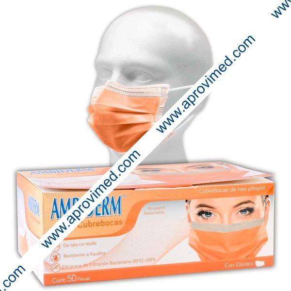 CUBREBOCAS ADULTO DCHBLE. 3 PLIEGUES Col. Anaranjado (Ambiderm) Cja. c/50 Pzs.