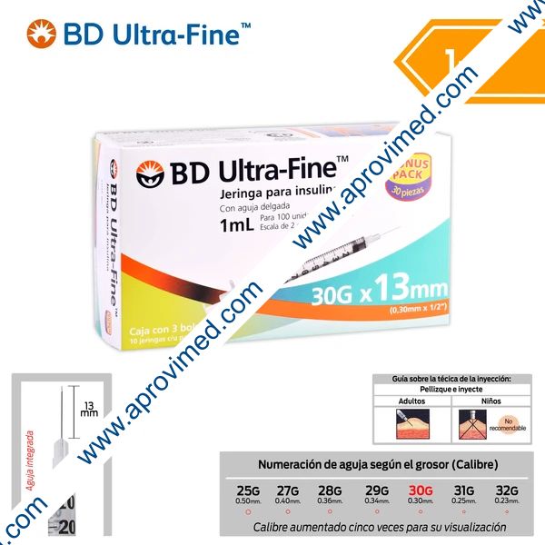 JERINGA  1mL. (BD U-Fine) Insulina c/AGUJA INTEGRADA 30Gx13mm. c/30 Pzs.