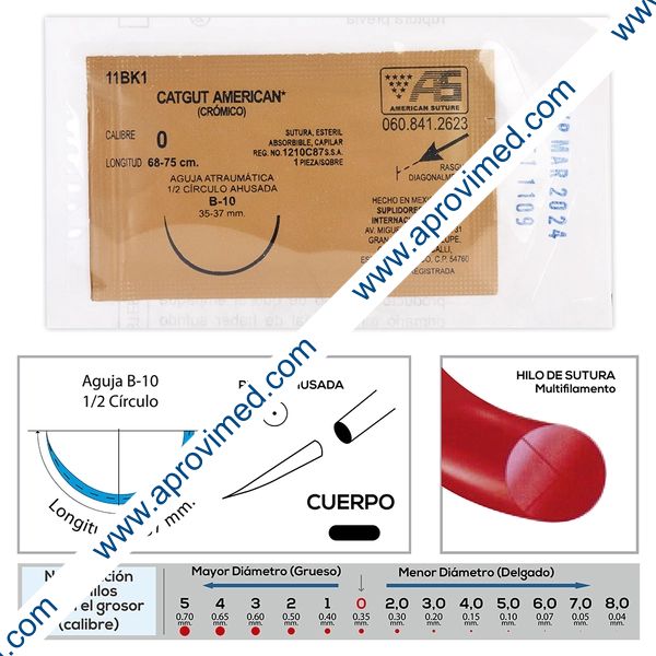 CATGUT CRÓMICO (American) Cal. 0/L: 68-75cm/Aguja B-10 Sob. c/1 Pza.