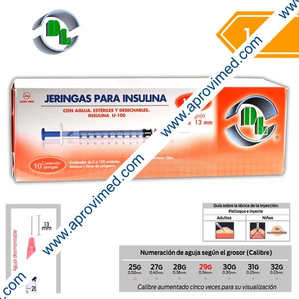 JERINGA  1mL. (DL) Insulina c/AGUJA DESMONTABLE 29Gx13mm. c/10 Pzs.