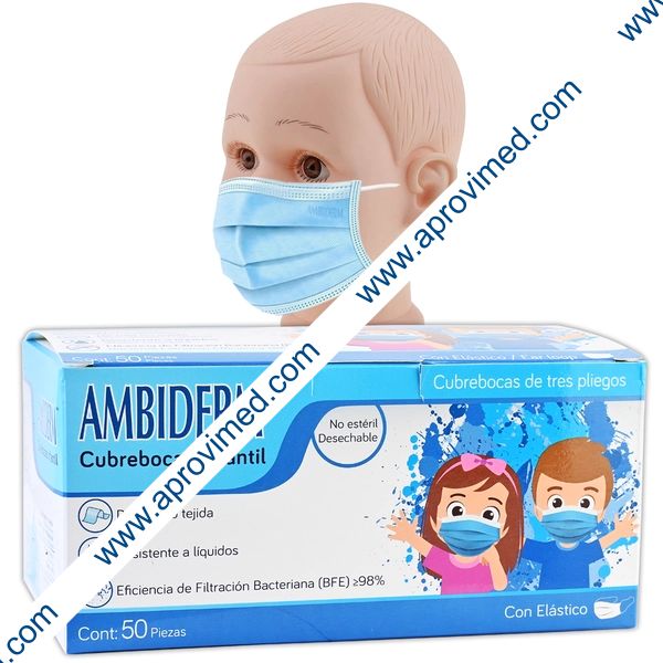 CUBREBOCAS INFANTIL DCHBLE. 3 PLIEGUES Col. Azul (Ambiderm) Cja. c/50 Pzs.