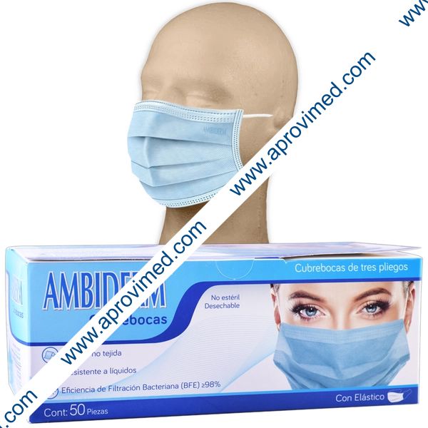 CUBREBOCAS ADULTO DCHBLE. 3 PLIEGUES Col. Azul (Ambiderm) Cja. c/50 Pzs.