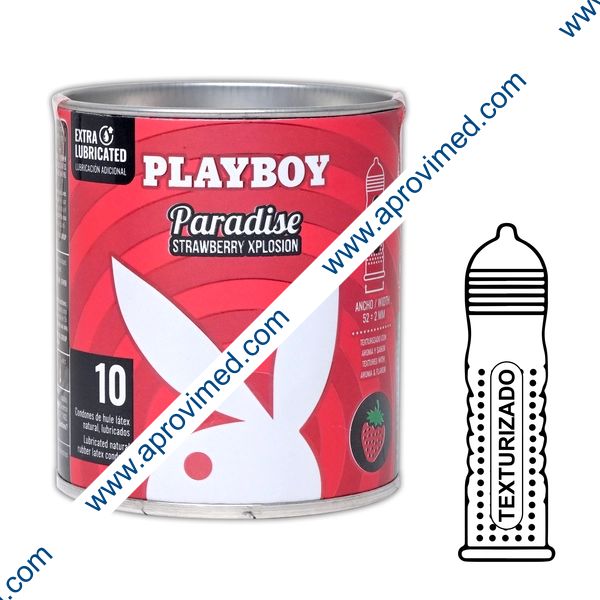 PLAYBOY PARADISE TEXTURIZADO Aroma y Sabor FRESA Lata c/10 CONDONES.