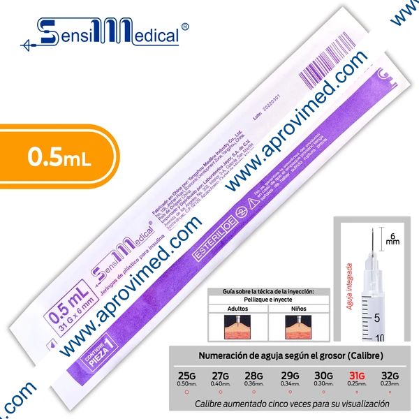 JERINGA  0.5mL. (SensiMedical) Insulina c/AGUJA INTEGRADA 31Gx6mm. c/1 Pza.