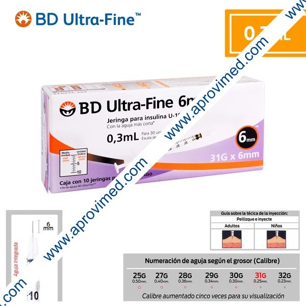 JERINGA  0.3mL. (BD U-Fine) Insulina c/AGUJA INTEGRADA 31Gx6mm. c/10 Pzs.