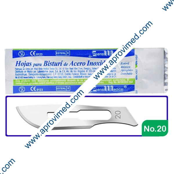 HOJA PARA BISTURÍ Acero Inoxidable (SensiMedical) No. 20 c/1 Pza.