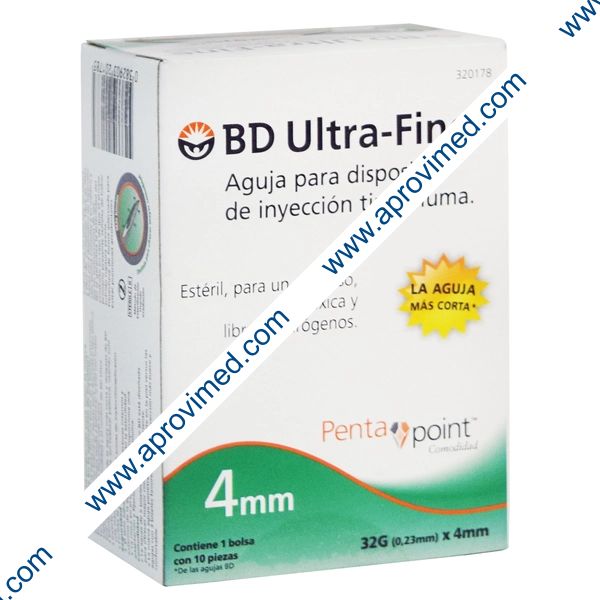 AGUJA PARA DISP. INY. TIPO PLUMA (BD U-Fine) 32Gx4mm. c/10 Pzs.