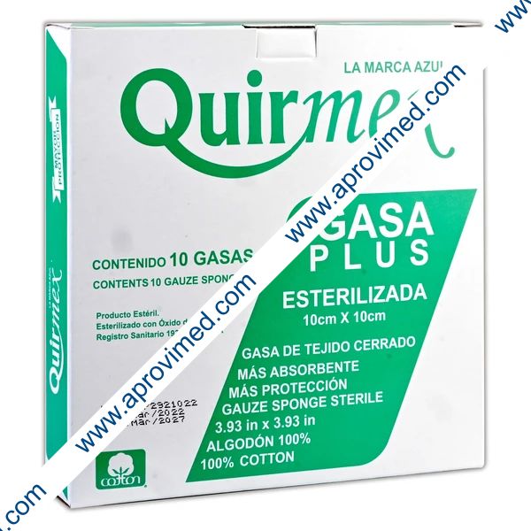 GASA PLUS ESTÉRIL (Quirmex) 10x10cm. T23x18, 8C. Caja c/10 Sobs.