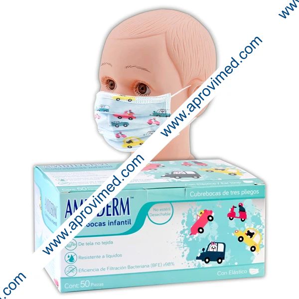 CUBREBOCAS INFANTIL DCHBLE. 3 PLIEGUES Col. Verde/Figs. (Ambiderm) Cja. c/50 Pzs