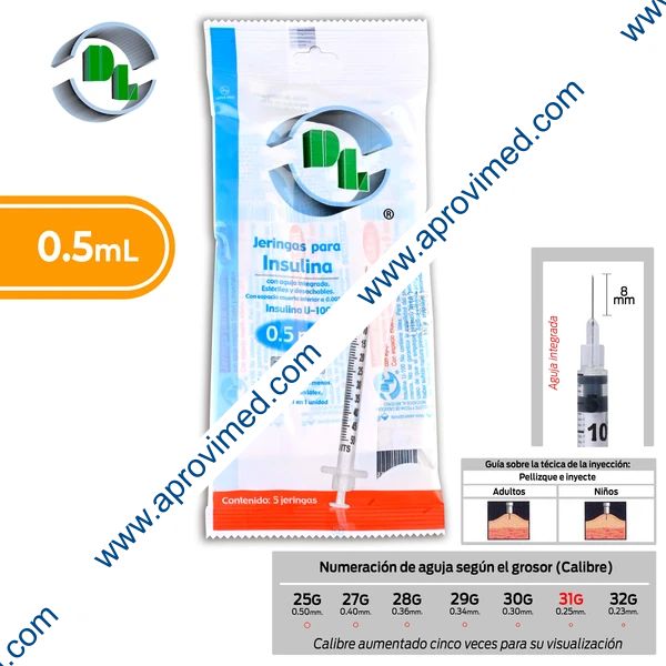JERINGA  0.5mL. (DL) Insulina c/AGUJA INTEGRADA 31Gx8mm. c/ 5 Pzs.