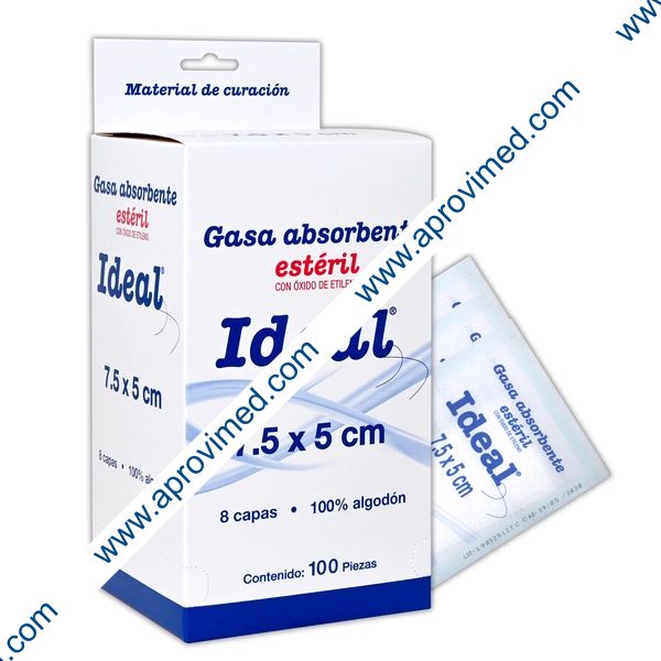 GASA ABSORBENTE Estéril (Ideal)  7.5x5cm. T20x12, 8C. Exhib. c/100 Sobs.