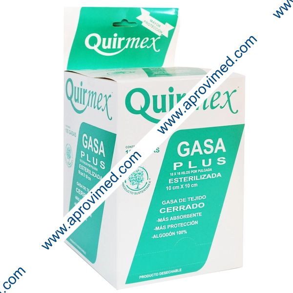 GASA PLUS ESTÉRIL (Quirmex) 10x10cm. T23x18, 8C. Exhib. c/100 Sobs.