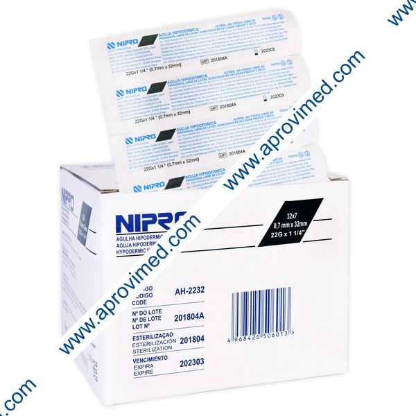 AGUJA HIPODÉRMICA (Nipro) 22Gx1-1/4"(32mm) Cja. c/100 Pzs.