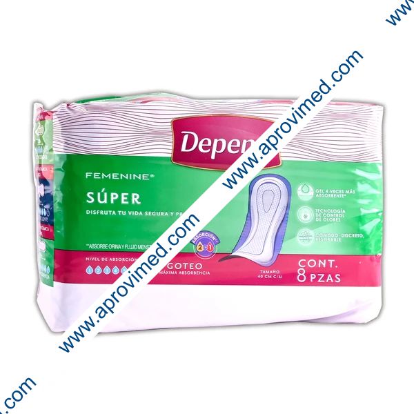 DEPEND FEMENINE SÚPER Absorción Máxima Tamaño 40 CM. Paq. c/8 Pzs.
