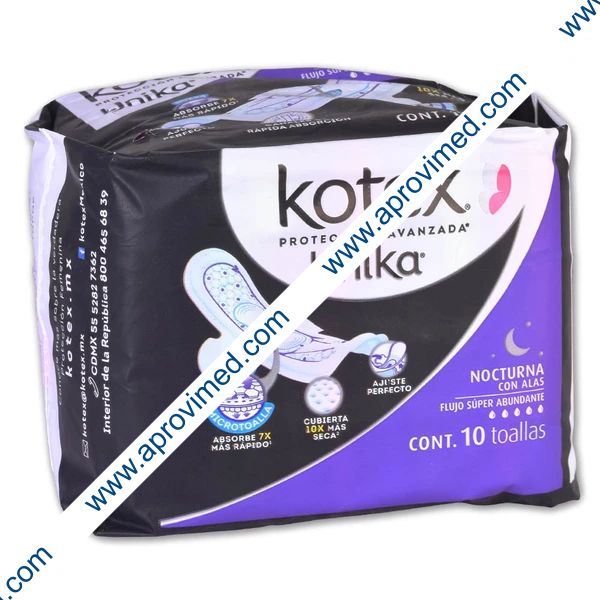 KOTEX UNIKA NOCTURNA c/ALAS Flujo Súper Abundante c/10 Toallas.